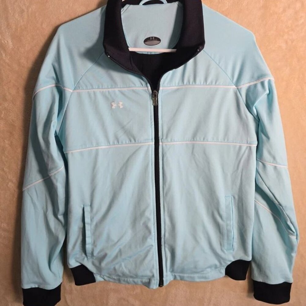 Under Armour Full Zip‎ Jacket Womens Medium Light Blue Black Trim Stretch 204